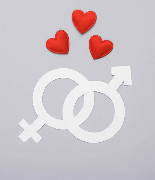 Καρδιές Θηλυκά Και Αρσενικά Σύμβολα Φύλου Γκρι Φόντο Έννοια Αγάπης — Φωτογραφία Αρχείου