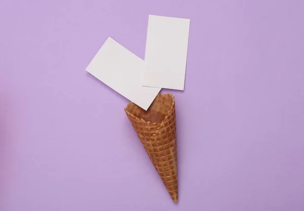 White Blank Business Card Branding Waffle Cone Purple Background Top — Stock Photo, Image