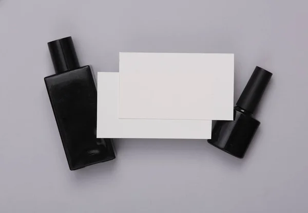 White Blank Business Cards Branding Perfume Nail Polish Bottle Gray — Stock Photo, Image
