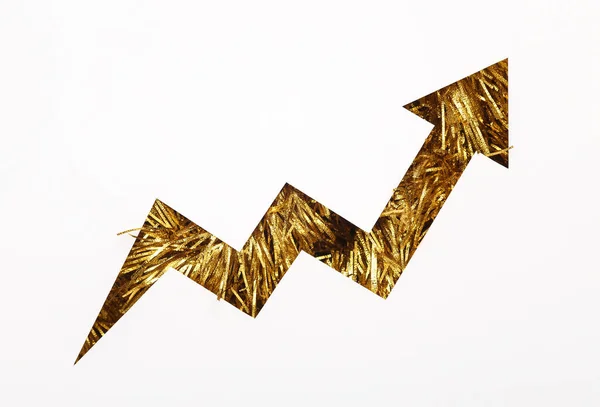 Wachstumspfeil Ausgeschnitten Aus Papierloch Mit Goldenem Lametta Auf Weißem Hintergrund — Stockfoto