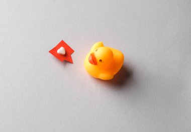 Sosyal medyada gri arka plandaki gibi plastik ördek. Yaratıcı asgari düzen