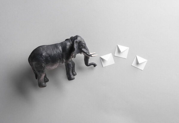 игрушечный слон с конвертами на сером фоне. Креативная планировка