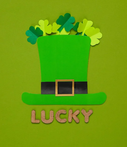 Patrick Day Paper Leprechaun Hat Clover Leaves Word Licky Green — Stock Photo, Image