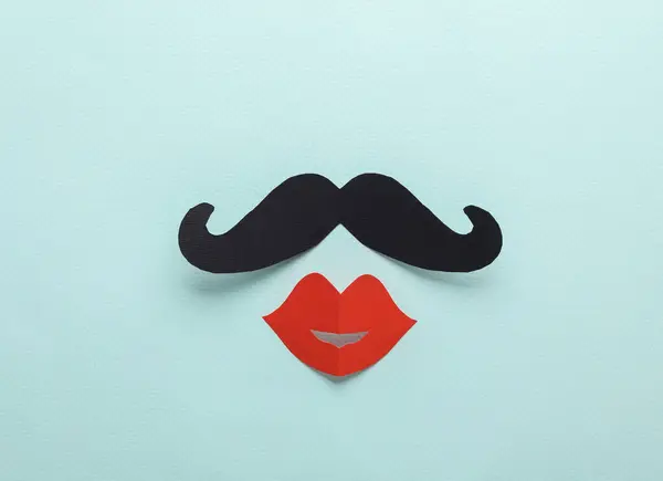 Creative layout of a male mustache with female lips on a blue background