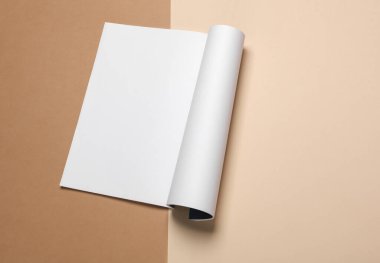 Kahverengi arkaplanda beyaz boş dergi sayfası