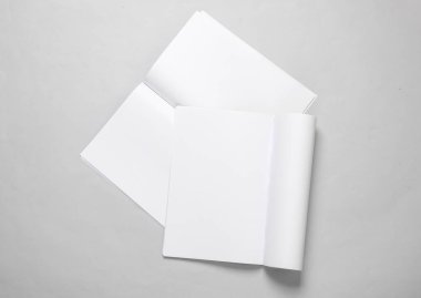 Gri arkaplan üzerine beyaz sayfaları olan iki açık derginin maketi. Tasarım şablonu