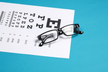 Mavi arka planda göz testi çizelgesi olan gözlükler. Görüş sınavı