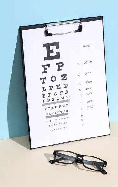 Eyeglasses and Eye test chart on blue beige background. Vision examination