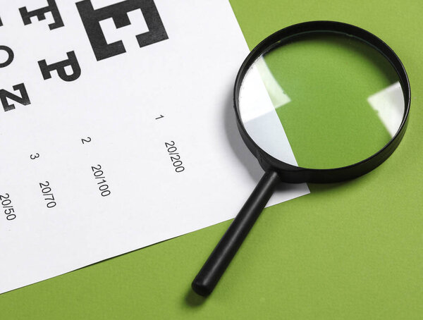 Увеличительное стекло и диаграмма теста глаз на зеленом фоне. Проверка зрения