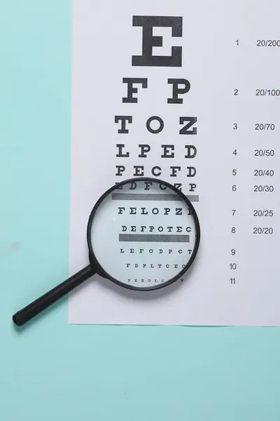 Magnifying glass and Eye test chart on blue background. Vision examination