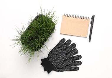 Bitki bakımı. Yeşil çimenli ot ve iş eldivenleri, beyaz arka planda not defteri. Üst görünüm