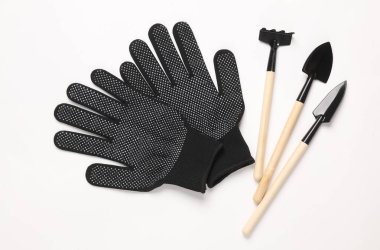 Beyaz arka planda iş eldivenleri olan bir grup minyatür bahçe aleti.