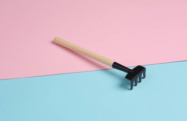 Pembe mavi arka planda ev bitkisi tırmığı için bahçe aracı.