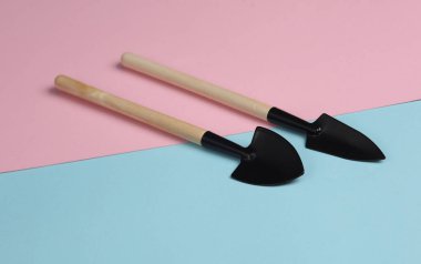 Bahçecilik aletleri ev bitkileri için kürek pembe mavi arka planda. 