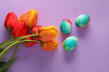 Mor arka planda laleleri olan çok renkli Paskalya yumurtaları. Üst görünüm