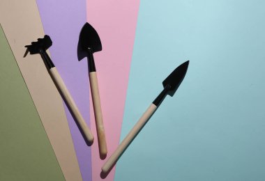 Pastel bir arka planda minyatür bahçe araçları kümesi