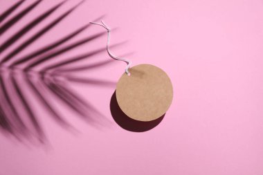 Pembe arka planda yuvarlak bir platform ve palmiye yaprağı gölgesi var. Yaratıcı vitrin, üst görünüm.