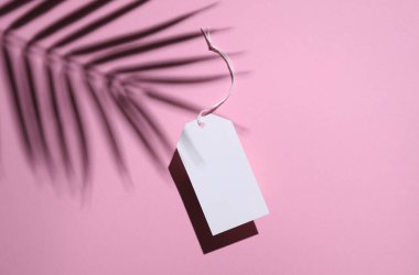 İp üzerinde beyaz fiyat etiketi ve pembe arka planda palmiye yaprağı gölgesi. Satış, alışveriş konsepti