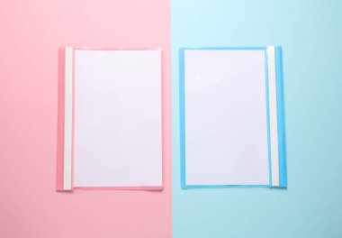 Pastel arka planda kağıt kağıtları olan iki plastik klasör.