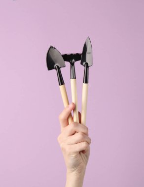 Mor arkaplanda küçük bahçe aletleri var.