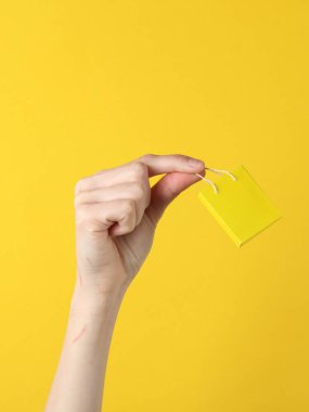 Sarı arka planda sarı minyatür alışveriş torbası tutan bir kadın. Satış, alışveriş konsepti