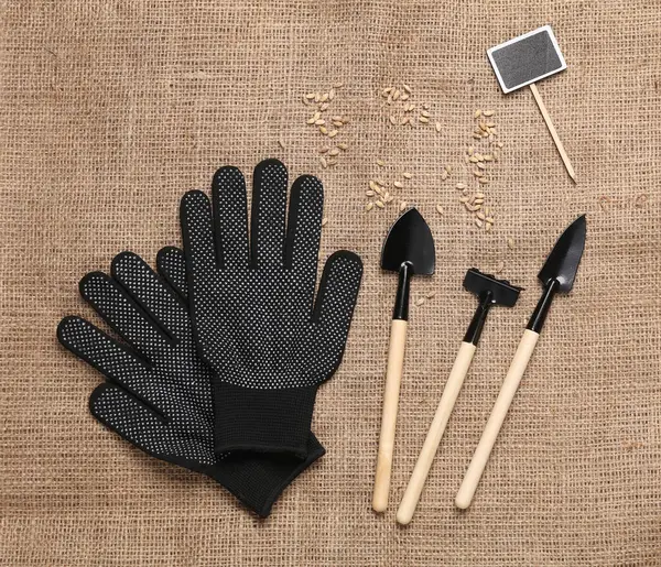 Tahtası ve çuval bezinde eldivenleri olan bir grup minyatür bahçe aletleri.