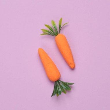 Pastel arka planda plastik havuç. Asgari, kavramsal gıda hala hayat