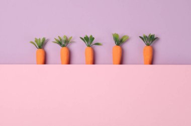 Pastel arka planda plastik havuç. Asgari, kavramsal gıda natürmort, yaratıcı düzen