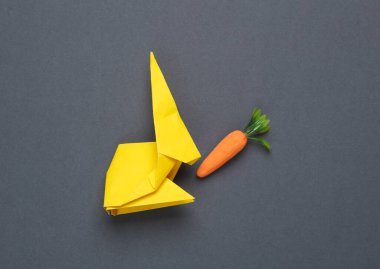 Koyu gri arka planda plastik havuç. Asgari, kavramsal natürmort, yaratıcı düzen