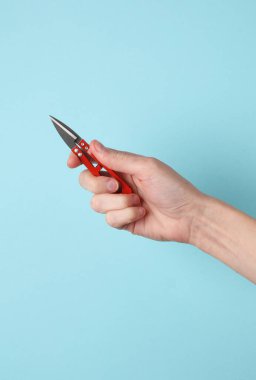 Mavi arka planda el ele tutuşan balıkçılık ya da terzi makası