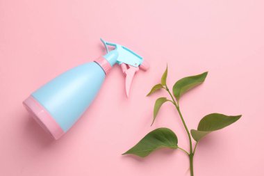 Pembe arka planda yeşil yapraklı sprey şişesi ve bitki.
