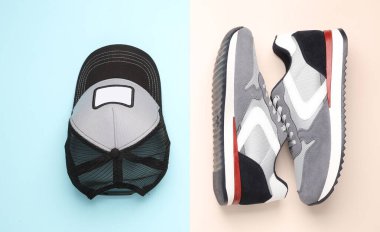 Pastel arka planda beyzbol şapkalı spor ayakkabıları. Üst görünüm