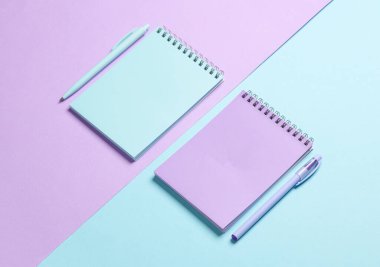 Pastel arka planda kalemleri olan iki defter. Minimalizm. Yaratıcı yerleşim