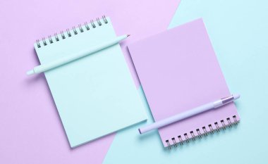 Pastel arka planda kalemleri olan iki defter. Minimalizm. Yaratıcı yerleşim