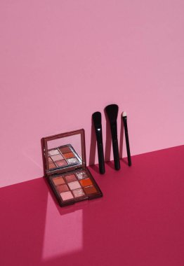Göz farı paleti, makyaj fırçaları, pembe arka planda gölgeli. Yaratıcı düzen, minimalizm