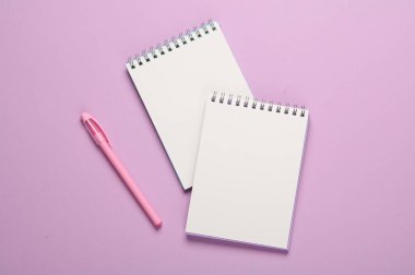 Pastel zemin üzerinde kalem olan iki beyaz boş not defteri.