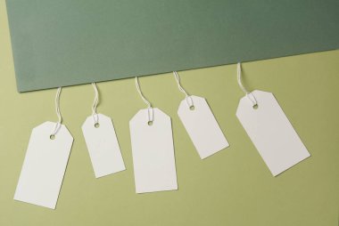 Yeşil arka planda ipleri olan boş beyaz etiketler. Tasarım için şablon oluşturun. Uzayı kopyala Satış, alışveriş konsepti