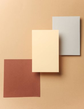 Kahverengi arka planda gölgesi olan renkli boş kart kağıtları. Minimalizm marka şablonu, yaratıcı düzen