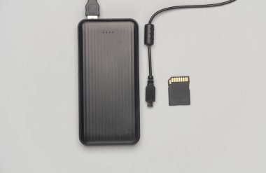 Gri arkaplanda hafıza kartı olan harici sabit disk