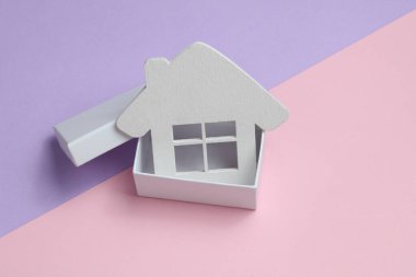 Pastel arka planda kutu içinde ev modeli. Yeni bir ev konsepti satın almak