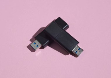 Pembe arka planda iki siyah USB flaş bellek.