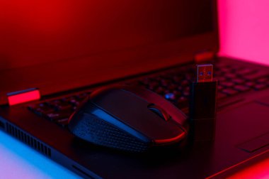 Bilgisayar faresi ve USB flaş bellekli modern dizüstü bilgisayar mavi-kırmızı-neon ışık gradyanı