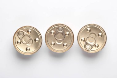 Beyaz arka planda konserve evcil hayvan mamaları. Üst Manzara. Düz yatıyordu