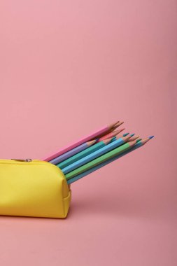 Pembe arka planda renkli kalemleri olan bir okul kalem kutusu. Okul konseptine dönelim.