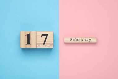 17 Şubat tarihli ahşap blok takvimi pembe mavi pastel arka planda. Üst Manzara. Düz yatıyordu