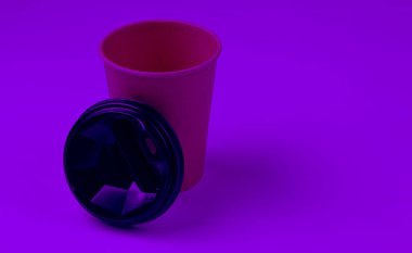 Doğal malzemeli tek kullanımlık kahve fincanı. Mor neon ışık. Çevre dostu kavram