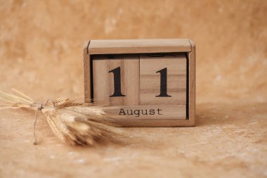 11 Ağustos tarihli ahşap blok takvimi ve bej beton arka planda buğday başakları