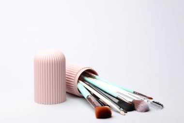 Beyaz arkaplanda depolama düzenleyici çantasında makyaj fırçaları