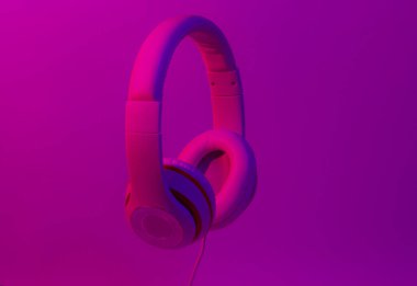 Gradyan mavi neon ışıklı klasik kablo kulaklıklar. Retro stil. Retro dalga. 80 'ler. Minimalist müzik konsepti.