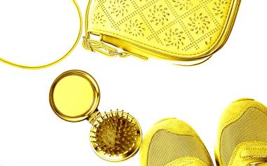 Altın kadın moda aksesuarları. Üst görünüm